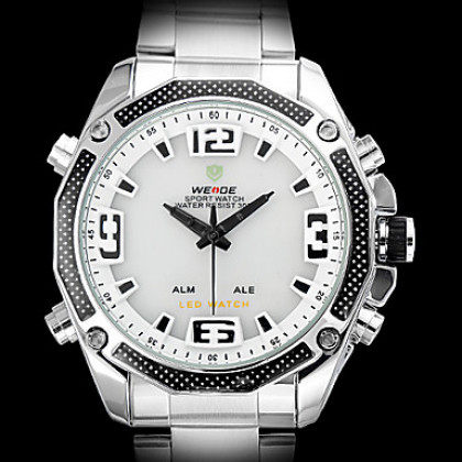 Мужской стиль роскоши стали цифро-аналоговые кварцевые LED-Multi-движения наручные часы (2 часовых поясов, серебро)
