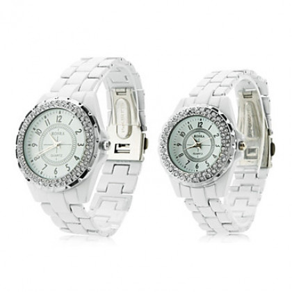 Пара модных металла аналоговые кварцевые наручные часы с бриллиантами (белый)