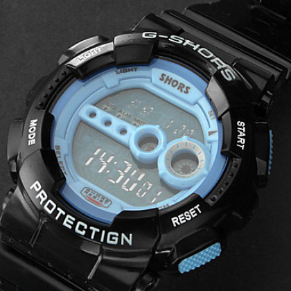 Спортивные цифровые мультифункциональные наручные часы унисекс с черным силиконовым ремешком и синим циферблатом