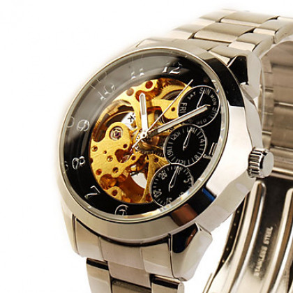 Стальной браслет скелет механические наручные часы со светящимися руки золотой + черный