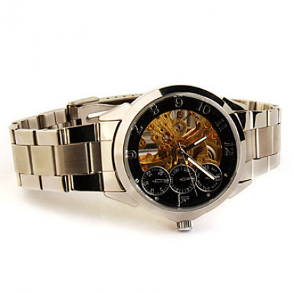 Стальной браслет скелет механические наручные часы со светящимися руки золотой + черный