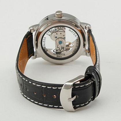 Стильные мужские аналоговые авто-механические наручные часы с черным ремешком из кожзама
