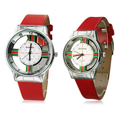 Translucence пары полосой шаблон Серебряный набор PU Группа Кварцевые аналоговые наручные часы (разных цветов)