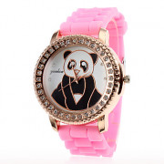 Циркон Женские Panda Дизайн силиконовой лентой Аналоговые кварцевые наручные Повседневная часы (розовый)