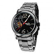 Цветочный узор женский черный циферблат Сталь Аналоговый Авто-механические наручные часы (черные полосы)