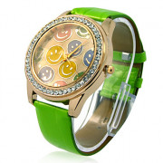 Улыбающееся лицо женского Дизайн PU Группа Повседневная Аналоговые кварцевые наручные часы (зеленый)