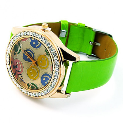 Улыбающееся лицо женского Дизайн PU Группа Повседневная Аналоговые кварцевые наручные часы (зеленый)