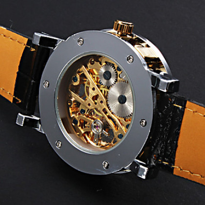 унисекс полумеханических полые гравировка золото Циферблат черный PU Группа аналоговые наручные часы