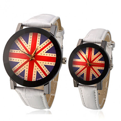 Великобритания пары флага шаблон PU Аналоговые кварцевые наручные часы (разные цвета полоса)