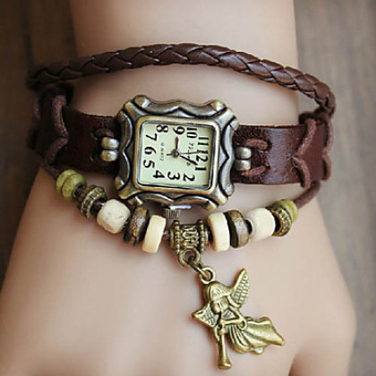 Vintage Ангел Женский стиль кулон Кожаный ремешок Кварцевые аналоговые часы браслет (разных цветов)