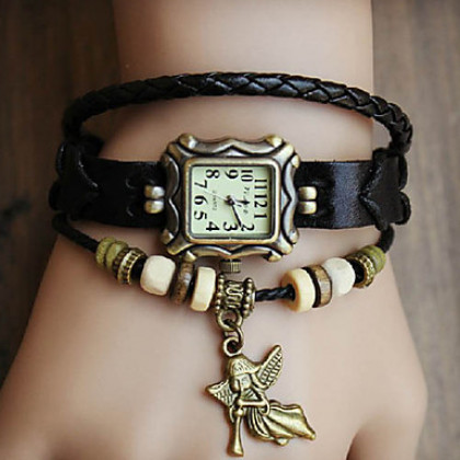 Vintage Ангел Женский стиль кулон Кожаный ремешок Кварцевые аналоговые часы браслет (разных цветов)