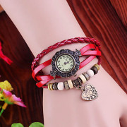 Vintage сердца Женские стиль кулон Кожаный ремешок Кварцевые аналоговые часы браслет (разных цветов)