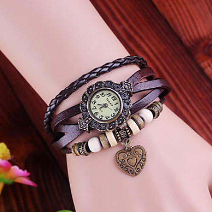 Vintage сердца Женские стиль кулон Кожаный ремешок Кварцевые аналоговые часы браслет (разных цветов)