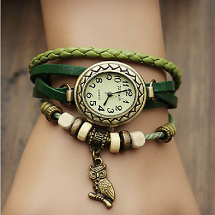 Vintage Сова Женский стиль кулон Кожаный ремешок Кварцевые аналоговые часы браслет (разных цветов)