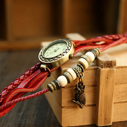 Vintage Сова Женский стиль кулон Кожаный ремешок Кварцевые аналоговые часы браслет (разных цветов)