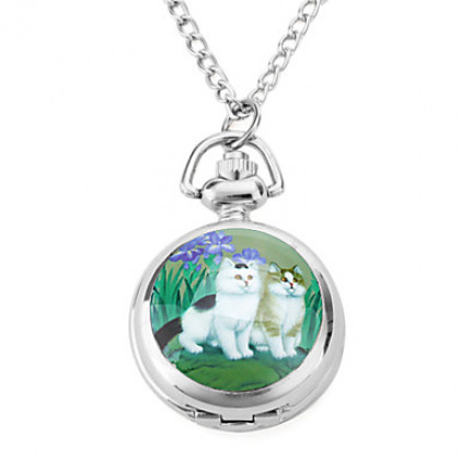 женщин сплава аналоговые кварцевые часы ожерелье с двумя кошками (серебро)