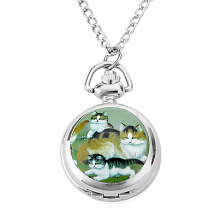 женщин сплава аналоговые кварцевые часы ожерелье с кошками (серебро)