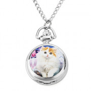 женщины милый кот сплава аналоговые кварцевые часы ожерелье (серебро)