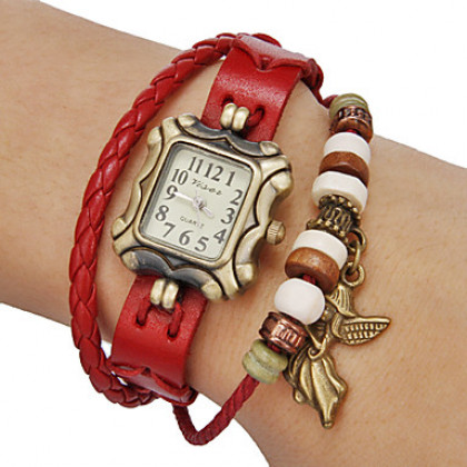 женская ангел кулон квадратный корпус кожаный ремешок кварцевые аналоговые часы браслет (разные цвета)
