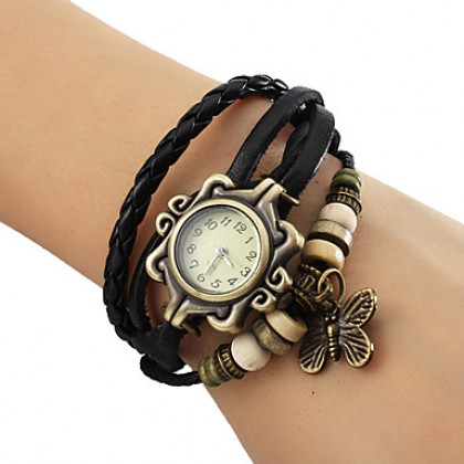 женская бабочки кулон кожаный ремешок кварцевые аналоговые часы браслет (разные цвета)