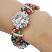 Женская Diamante цветочным узором Красочные кристалл полоса кварцевые аналоговые часы браслет