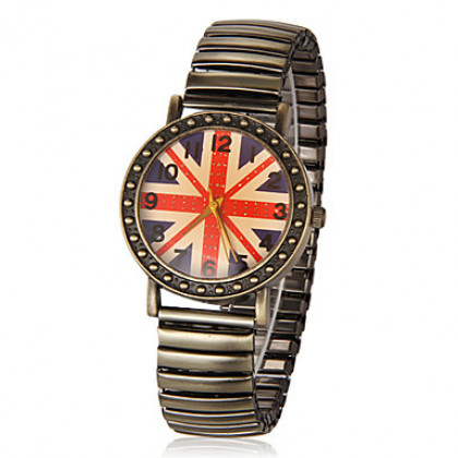 Женская Stretch Винтаж Флаг Великобритании Круглый циферблат сплава группы Кварцевые аналоговые наручные часы