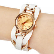 Женская Золотой Циферблат Белый Weave PU Band Аналоговое кварцевые наручные часы