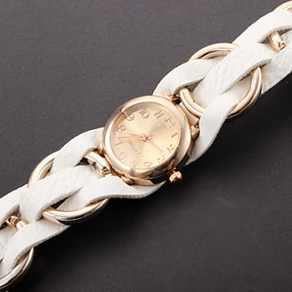 Женская Золотой Циферблат Белый Weave PU Band Аналоговое кварцевые наручные часы