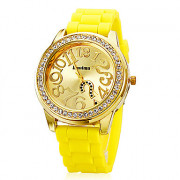 Женская Золотой циферблат Желтая силиконовой лентой Аналоговый кварцевые наручные часы