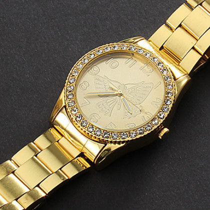Женские кварцевые аналоговые наручные часы с бабочкой и камнями на циферблате. металлический золотистый браслет.