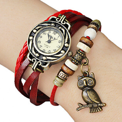 Женские кварцевые часы-браслет в винтажном стиле с подвеской в виде совы на ремешке из искусственной кожи. Цвета в ассортименте