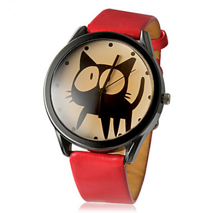 Женские кварцевые наручные часы с круглым циферблатом на полиуретановом ремешке. Циферблат украшен рисунком кота. Цвета в ассортименте