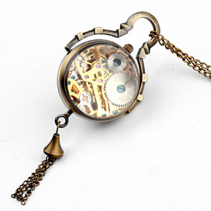 Женские механические аналоговые часы-куллон (бронза). Через прозрачную панель виден часовой механизм.