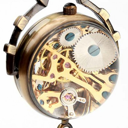 Женские механические аналоговые часы-куллон (бронза). Через прозрачную панель виден часовой механизм.
