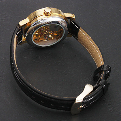Женские механические наручные часы на черном ремешке из искусственной кожи