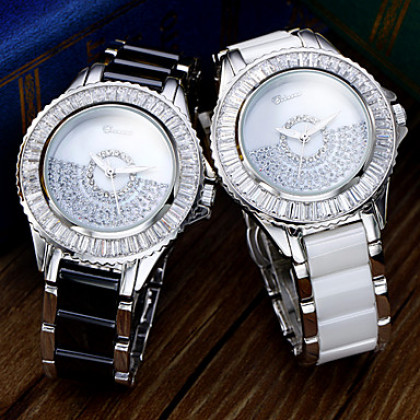Женские серебряные Diamond Dial Керамические и стали аналоговые кварцевые наручные часы (разных цветов)