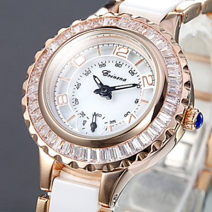 Женские золотые Diamond Dial Керамические и стали аналоговые кварцевые наручные часы (Multi-Color)