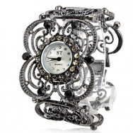 элегантный цветок женщин корону стиле сплава аналоговые кварцевые часы браслет (черный)